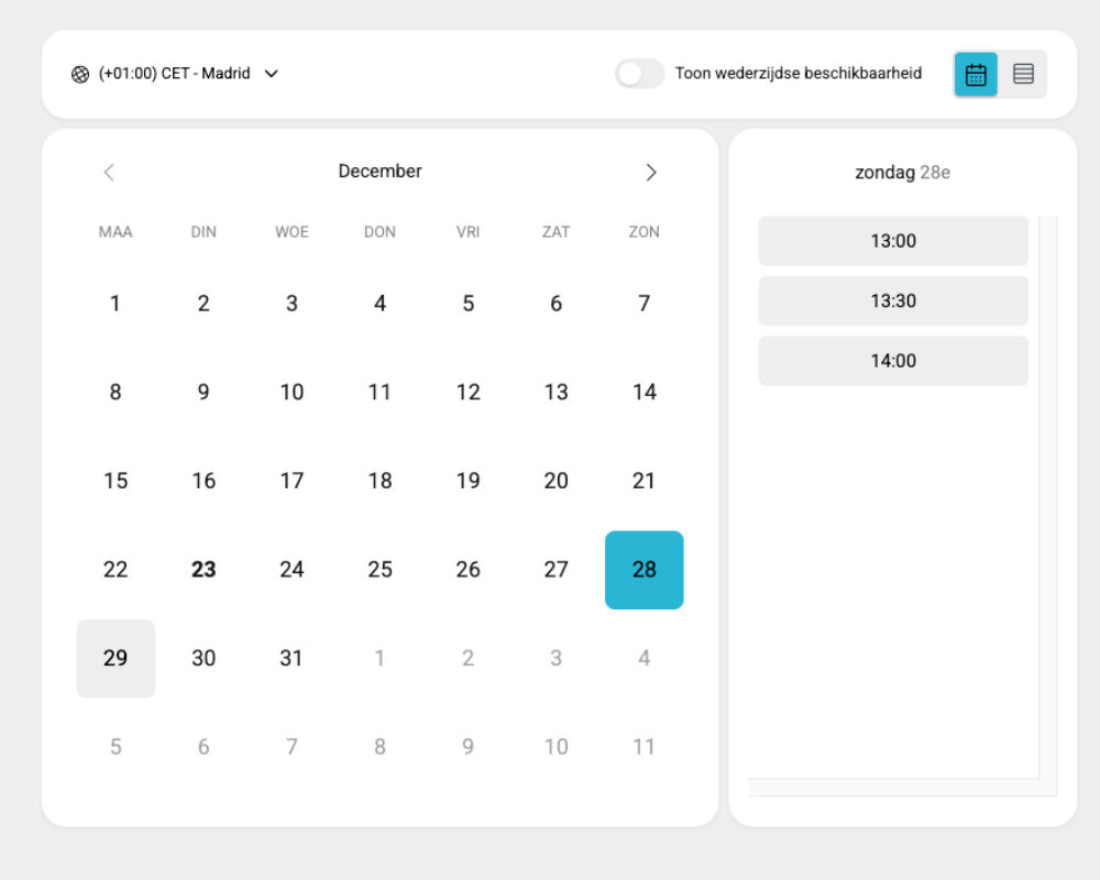 Voorbeeld van TidyCal agendaweergave met tijdslots voor afspraken
